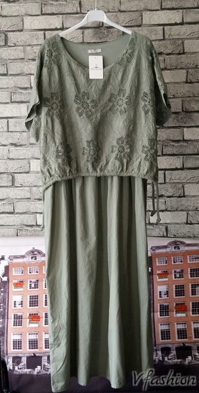 Памучна рокля с бродерии - зелена