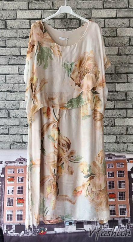 Копринена рокля на цветя - бежова
