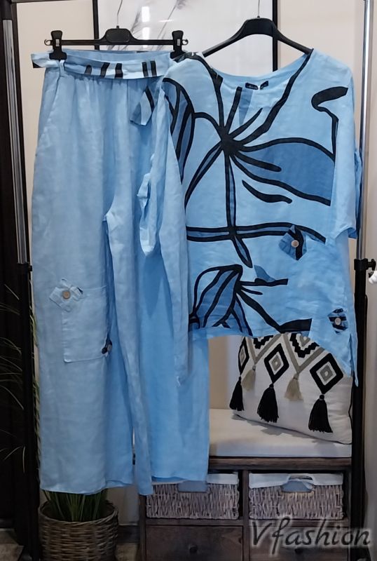 Ленен комплект с акценти - син