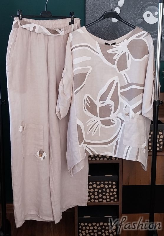 Ленен комплект с акценти - бежов