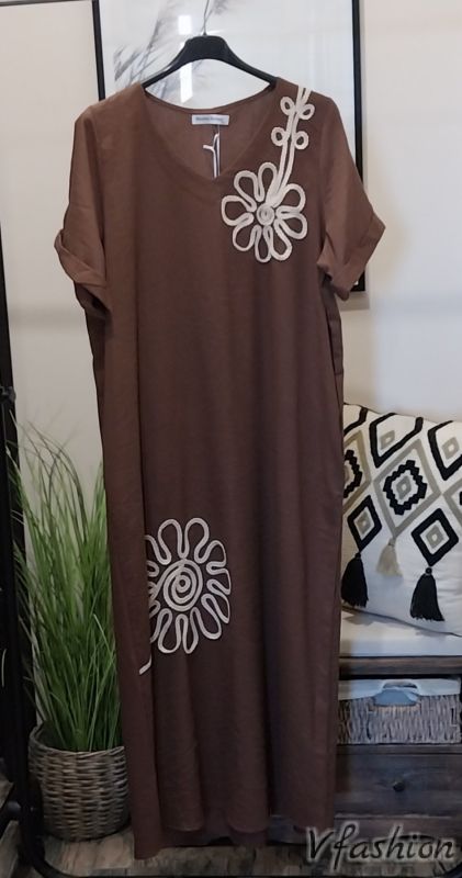 Рокля с нашивка цвете - памук и лен