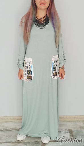 Дълга рокля с джобове - мента - 175070