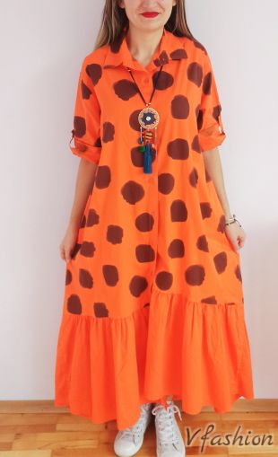 Дълга рокля/риза на точки - оранжева - 175560