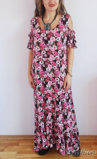 Дълга рокля с волан на розови цветя - 175731