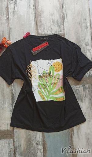 Тениска с щампа и пайети - черна - 175778