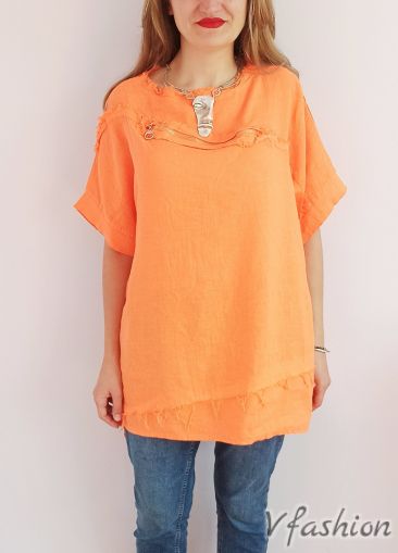 Ленена блуза с декоративен цип - оранжева - 175831