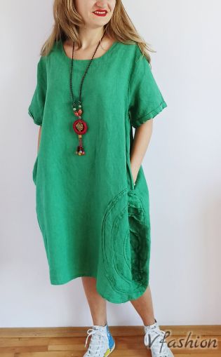 Ленена рокля с апликация и джобове - зелена - 175856