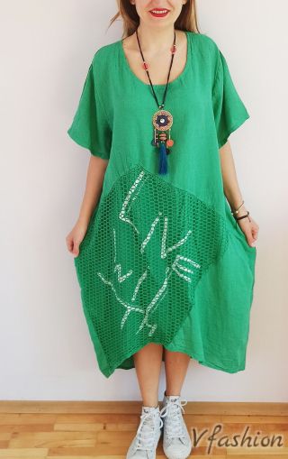 Ленена рокля с мрежа - тревисто зелена - 175872