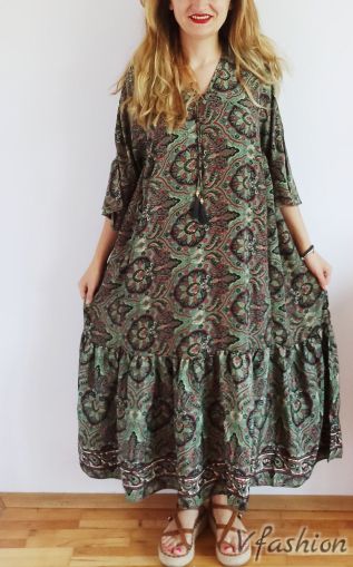 Дълга рокля с пискюли - със зелено - 175922