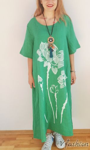 Ленена рокля с рози - зелена - 175996