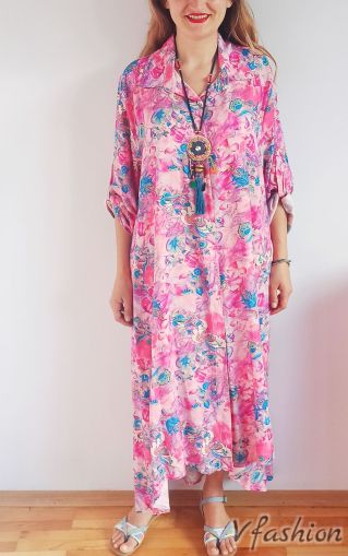 Дълга риза-рокля с флорални моиви - цикламена - 176080