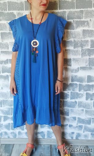 Памучна рокля с дантела - синя - 176083