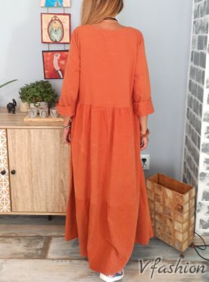 Разкроена рокля с джобове - ситно кадифе - оранжева - 176423