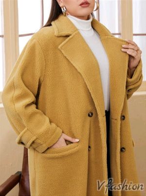 Двуредо есенно палто с джобове - горчица - 176476