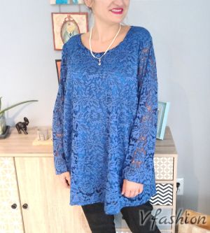 Широка дантелена блуза - синя - 176884