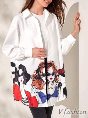 Риза с принт момичета - бяла - 177015
