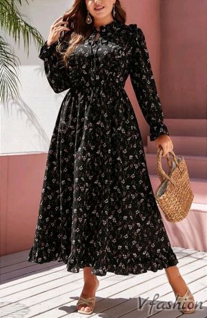 Дълга рокля на цветчета - черна - 177017
