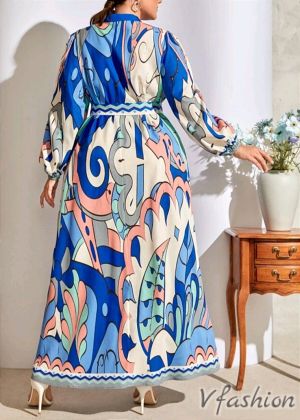 Дълга рокля с колан - цветна - 177080
