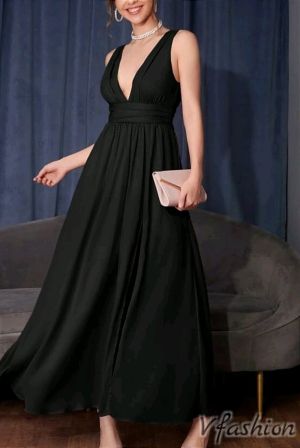 Вечерна рокля с V-образно деколте - черна - 177084