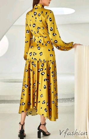 Сатенена рокля с мотиви - горчица - 177098