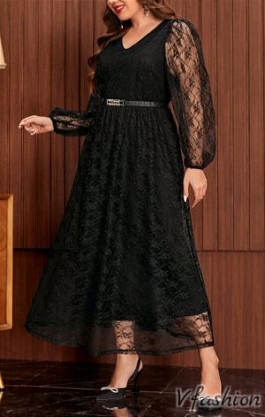 Дантелена рокля с колан - черна - 177088