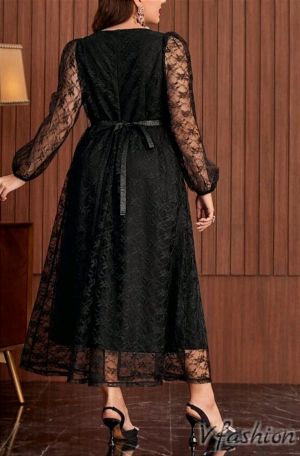 Дантелена рокля с колан - черна - 177088