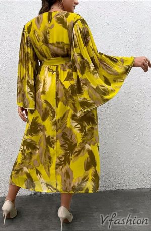 Ефирна рокля с плисирани ръкави - жълта - 177106