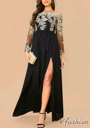 Вечерна рокля със златисти мотиви - черна - 177115