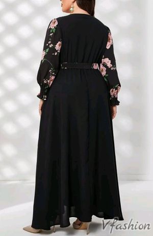 Дълга рокля с мотиви цветя - черна - 177125