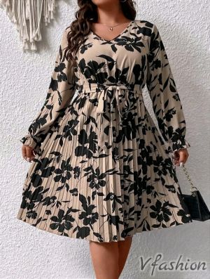 Плисирана рокля с колан - бежова - 177144