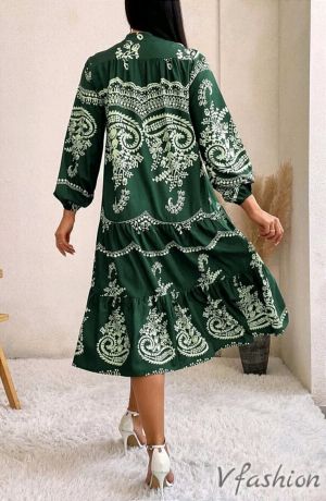 Разкроена рокля с принт - зелена - 177157