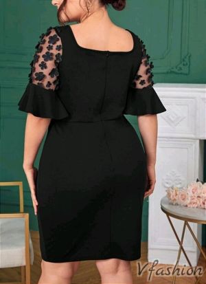 Елегантна рокля с 3D цветя - черна - 177199