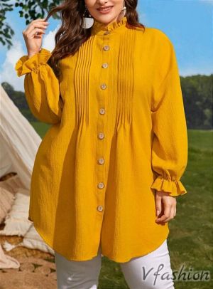 Дълга риза с дървени копчета - жълта - 177202