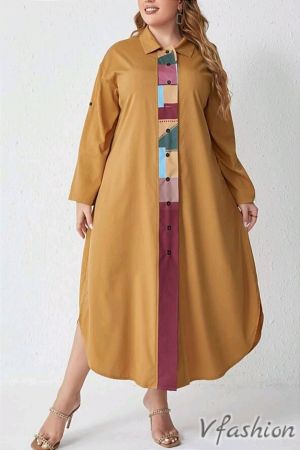 Дълга риза-рокля с мотиви - горчица - 177212