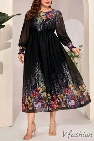 Шифонена рокля с принт - черна - 177244