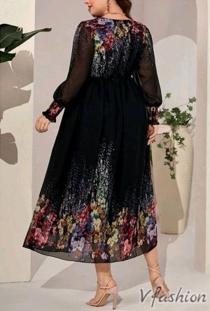 Шифонена рокля с принт - черна - 177244