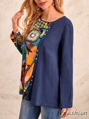 Блуза с цветни мотиви и копчета - синя - 177256