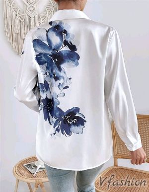 Елегантна риза на сини цветя - бяла - 177258