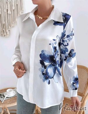 Елегантна риза на сини цветя - бяла - 177258