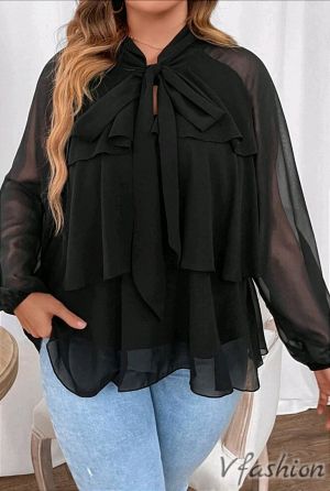 Елегантна блуза с волани - черна - 177287