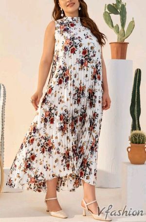 Плисирана рокля на цветя - бяла - 177374