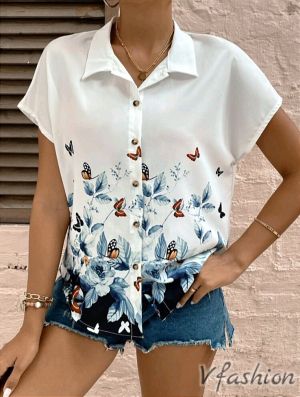 Риза с принт пеперудки - бяла - 177657