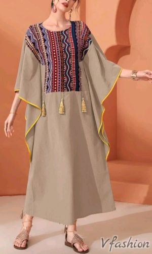 Памучна рокля в етно стил - бежова - 177788
