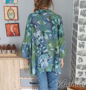 Блуза с арт принт и джобове - зелена - 177862