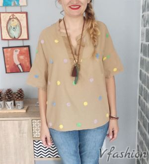 Блуза с цветни точки - бежова - 177974