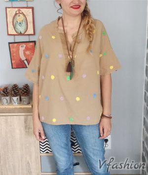 Блуза с цветни точки - бежова - 177974