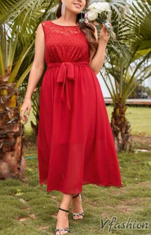 Елегантна рокля с дантела - червена - 178095