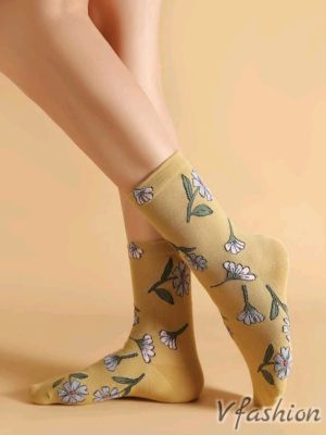 Дамски чорапи на цветчета - горчица - 178150