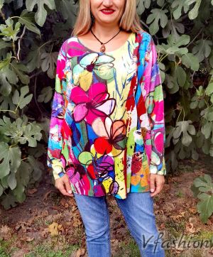 Памучна блуза с принт - плетиво - 178300