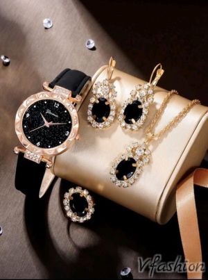 Комплект часовник с бижута - черно и златисто - 178565